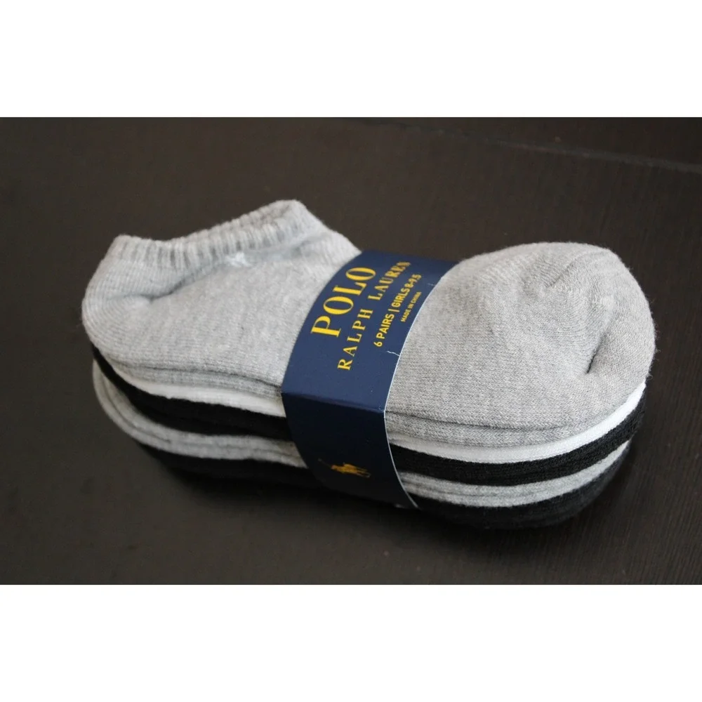 Polo Ralph‎ Lauren 6 Pairs girl's White Black Gray Low Cut Socks Size 8-9.5